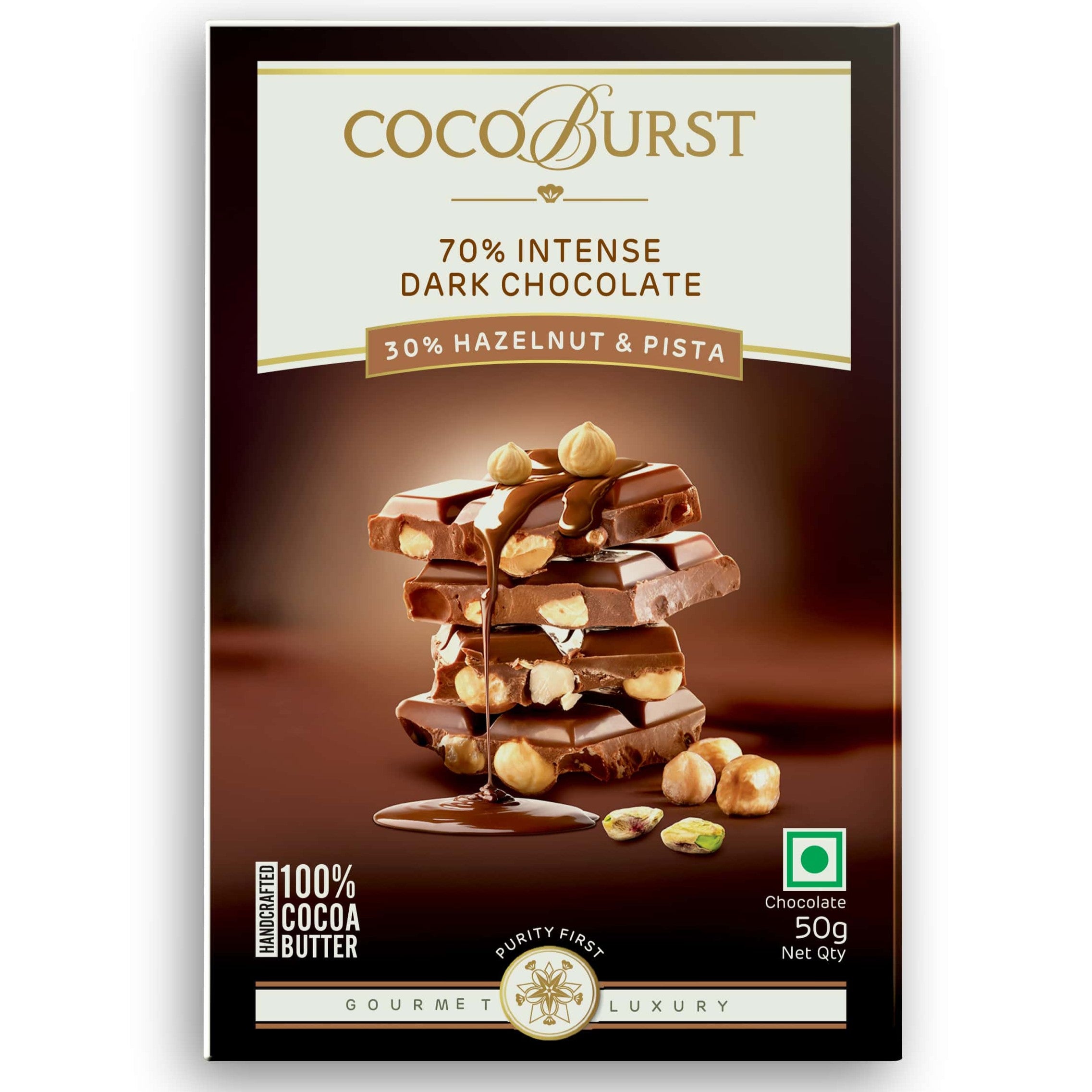 70% Intense Dark Chocolate 30% Hazelnut & Pista - 50g/100g/200g