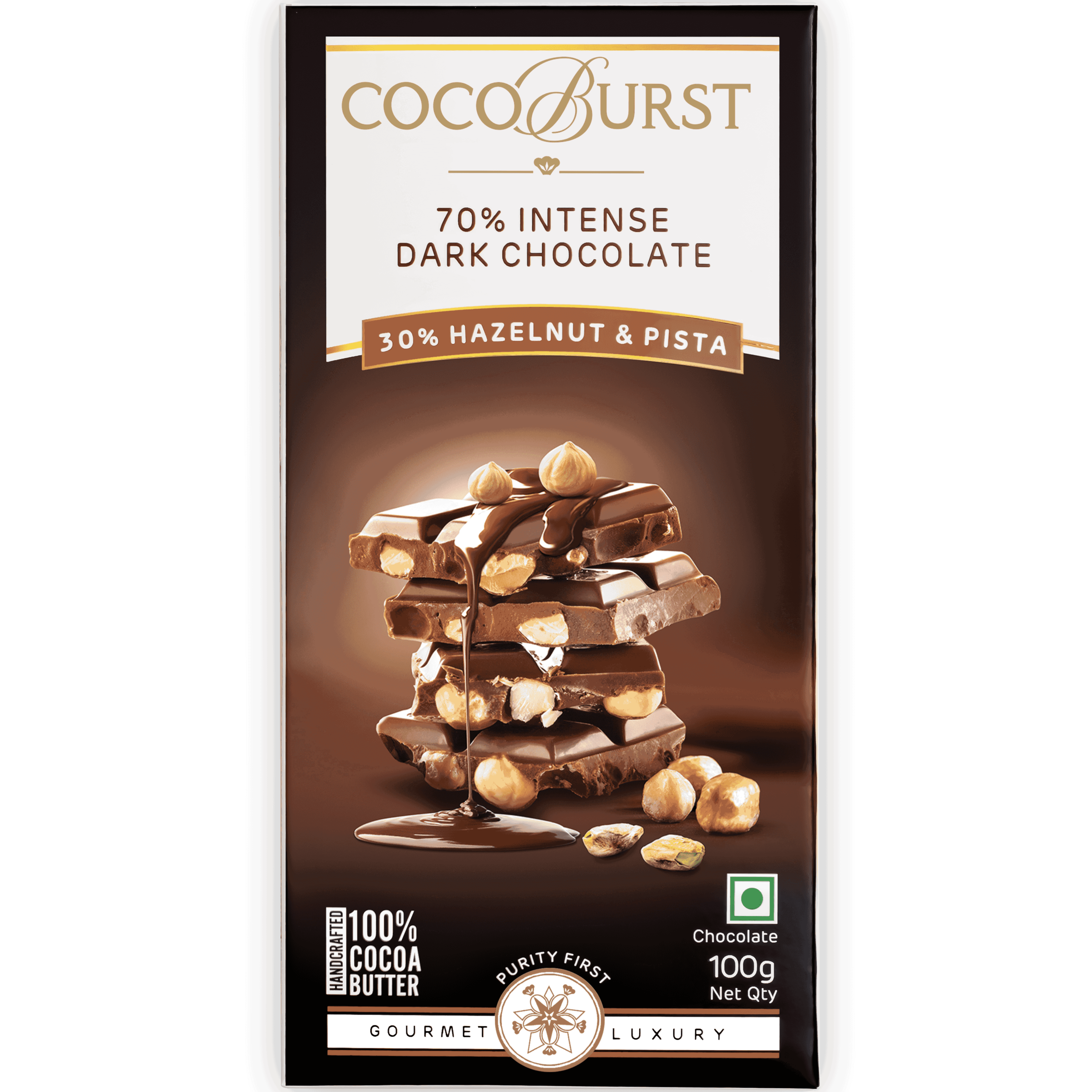 70% Intense Dark Chocolate || 30% Hazelnut & Pista – Jindal Cocoa 70% Intense Dark Chocolate || 30% Hazelnut & Pista – Jindal Cocoa