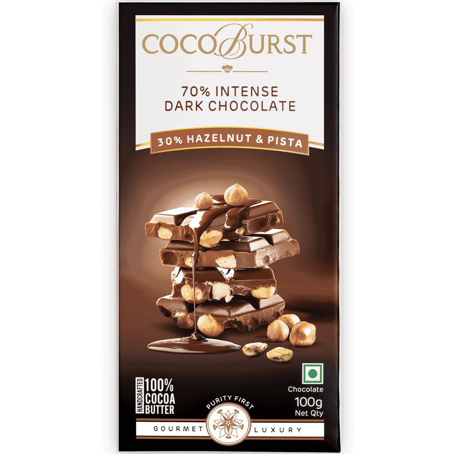 70% Intense Dark Chocolate 30% Hazelnut & Pista - 100g/200g