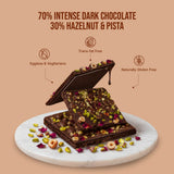 70% Intense Dark Chocolate || 30% Hazelnut & Pista