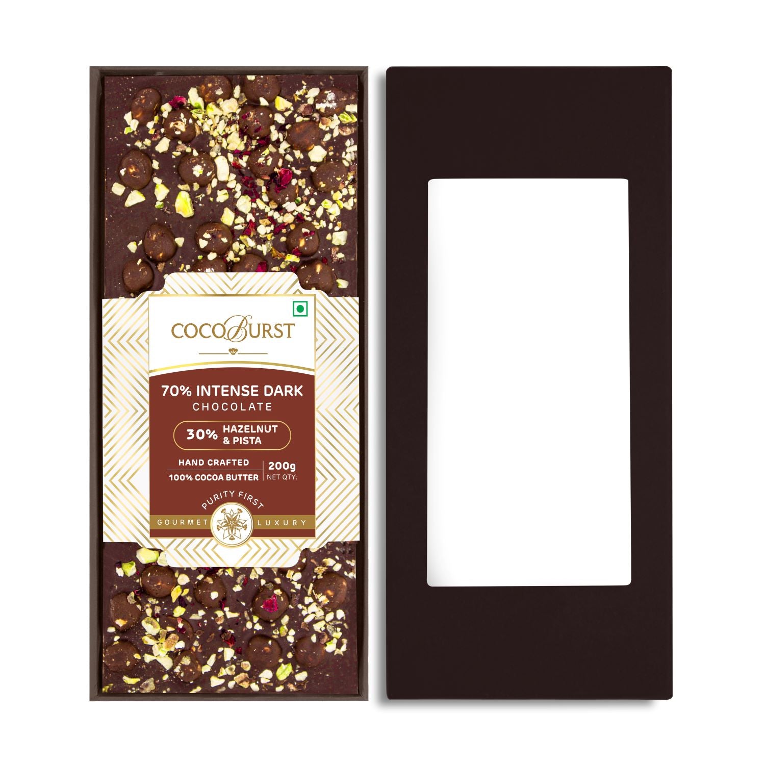 70% Intense Dark Chocolate || 30% Hazelnut & Pista