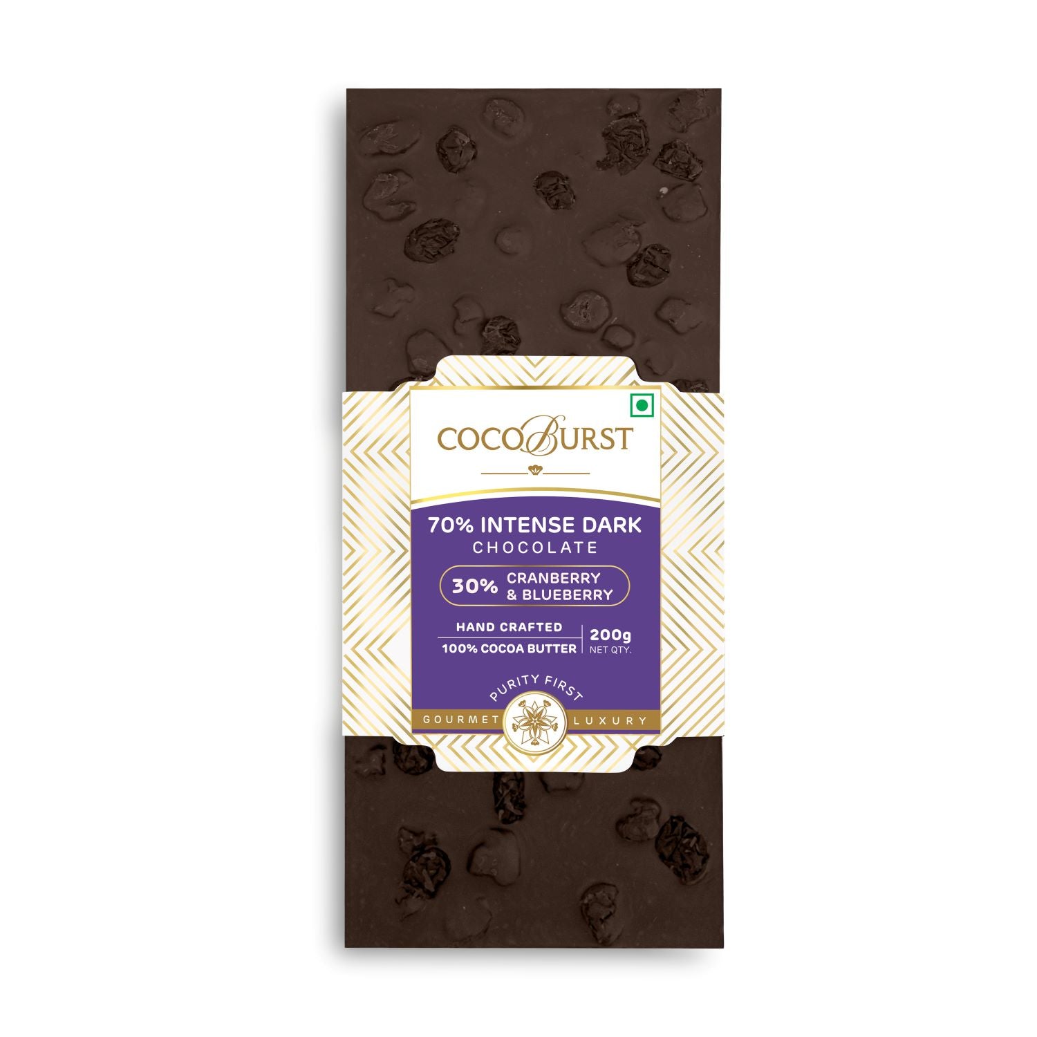 70% Intense Dark Chocolate 30% Cranberry & Blueberry