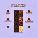 70% Intense Dark Chocolate 30% Cranberry & Blueberry
