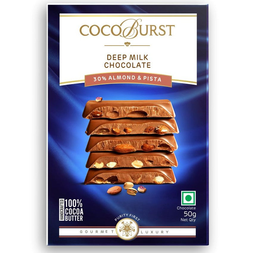 Deep Milk Chocolate 30% Almonds & Pista -  50g/100g/200g